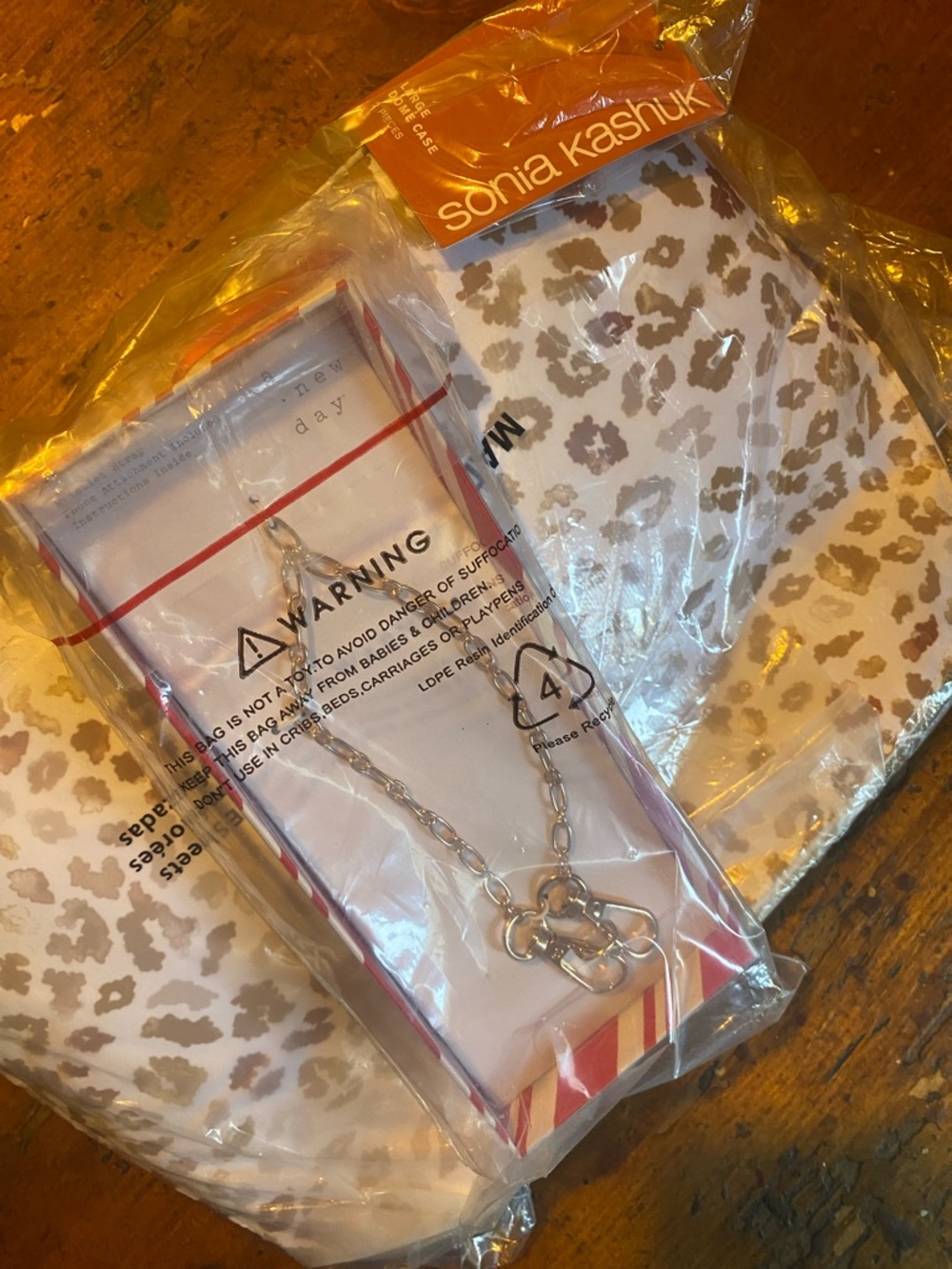 Sonia Kashuk Leopard Print Cosmetic Bag in White and Taupe with gold Chain